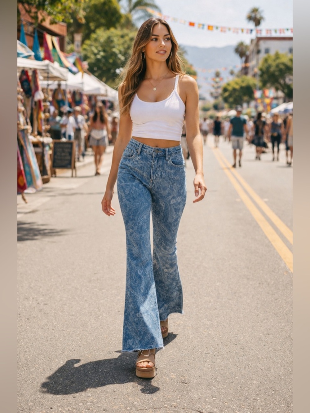 Womens Paisley Print Flare Jeans NWOT Denim Boho High Rise Raw Hem 27x33